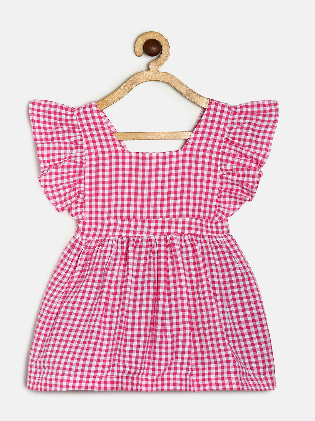 Manet Girls Cotton V Neck Frill Frock Checked Printed - Pink | Grocsy