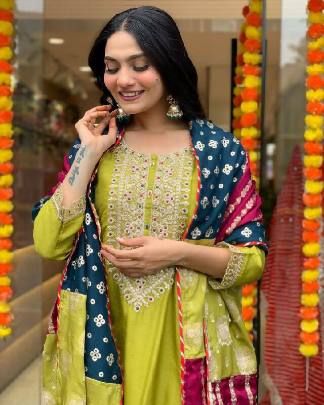 The52 Lemons Women's Gorgeous Embroidered Viscose Chanderi Fabric Straight Kurta Pant with Dupatta Set | Grocsy