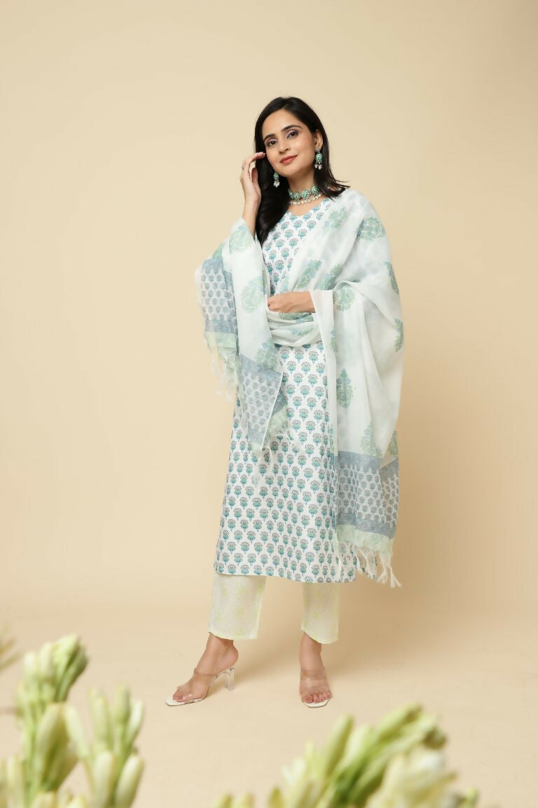 Designer Stylish Skyblue Cotton Blend Stitched Suit With Dupatta - Tanisha | Grocsy