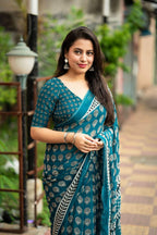 Rama Poly Georgette Ajrak Saree with Unstitched Blouse - A2M | Grocsy