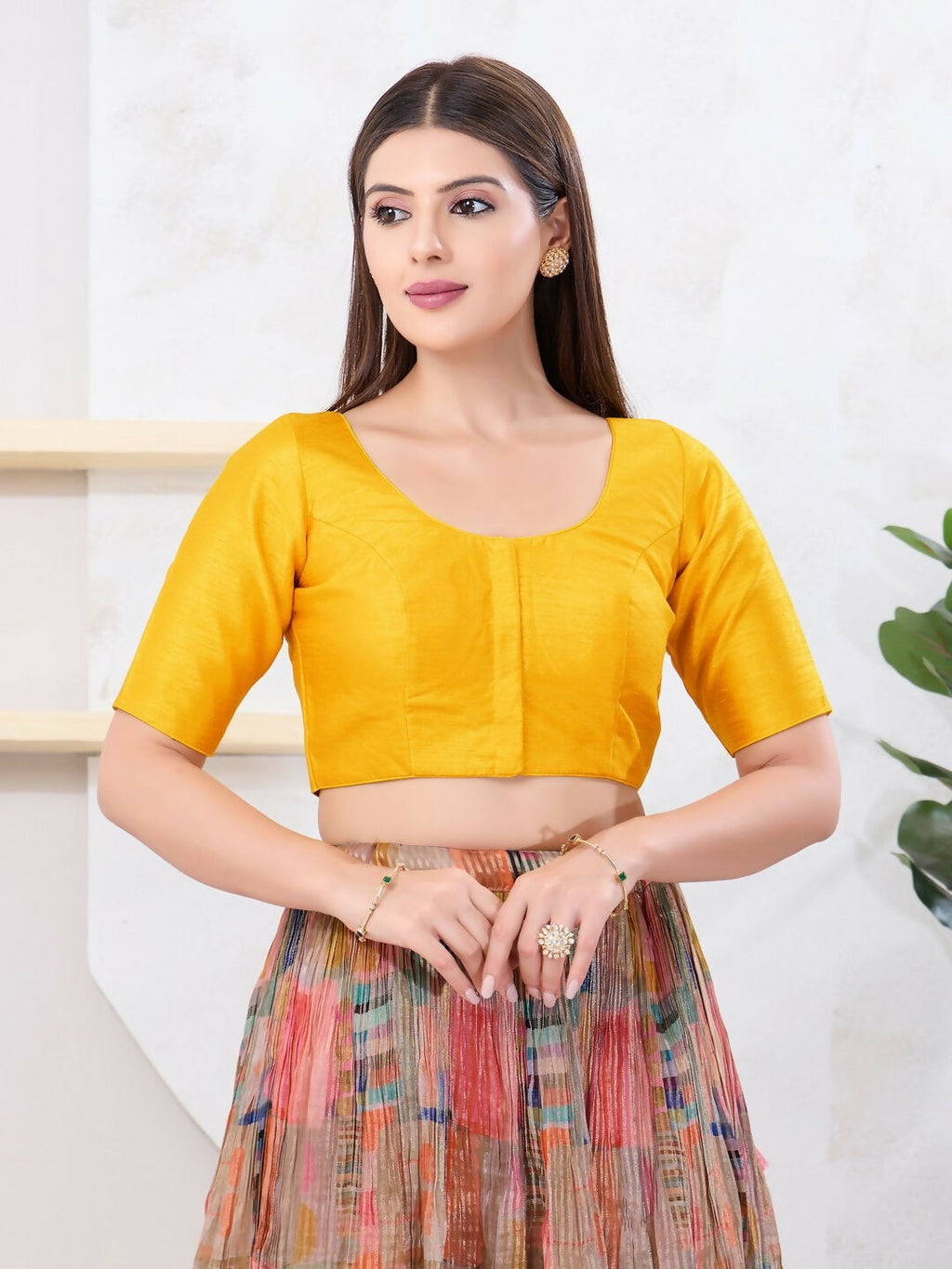 Joban Fashion Yellow Dupion Silk Elbow Sleeveless Front Open Blouse | Grocsy