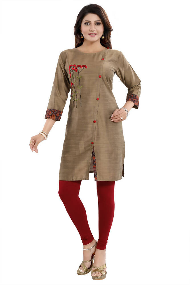 Snehal Creations Dressy Designer Cheeku Raw Silk Embroidered Short Tunic | Grocsy
