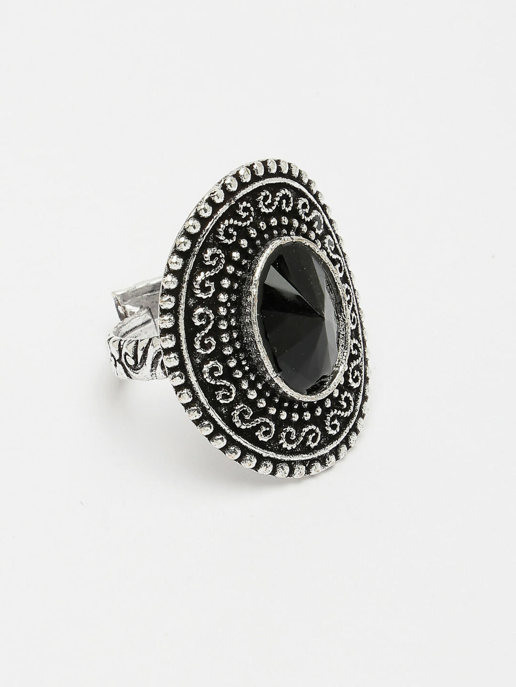 NVR Women's Black Silver-Toned German Silver Adjustable Finger Ring | Grocsy