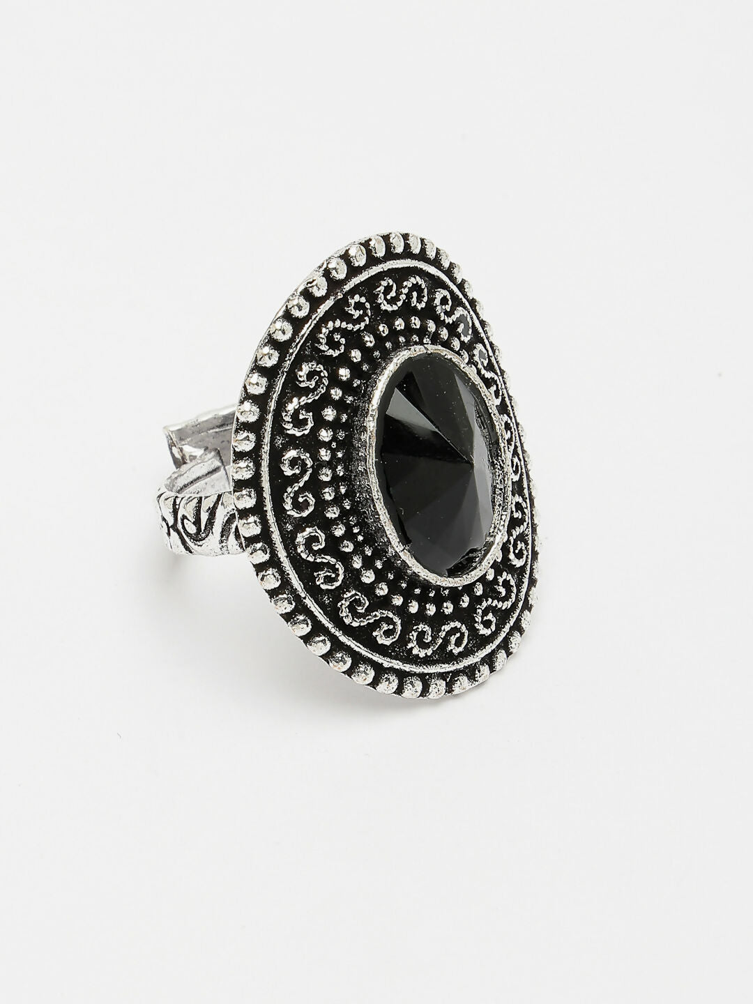 NVR Women's Black Silver-Toned German Silver Adjustable Finger Ring | Grocsy