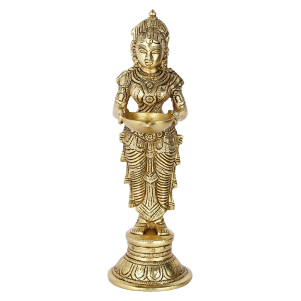 CraftVatika Brass Beautiful Lady Holding Diya Oil Lamp Stand Showpiece | Grocsy