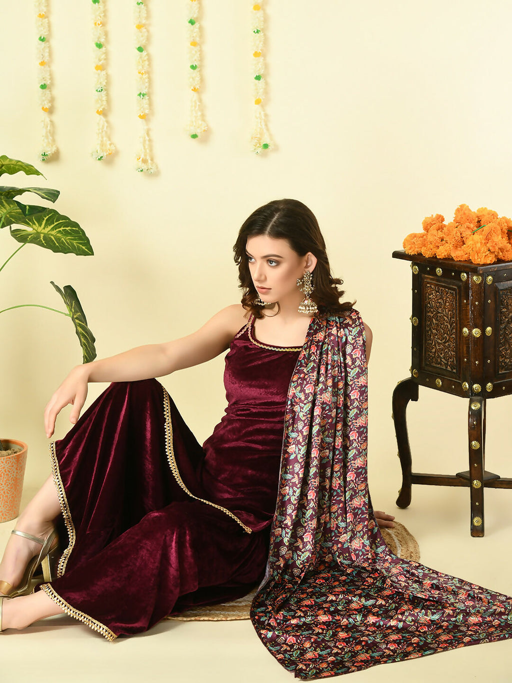 Myshka Women's Magenta Velvet Kurti & Sharara With Dupatta Party Sets | Grocsy