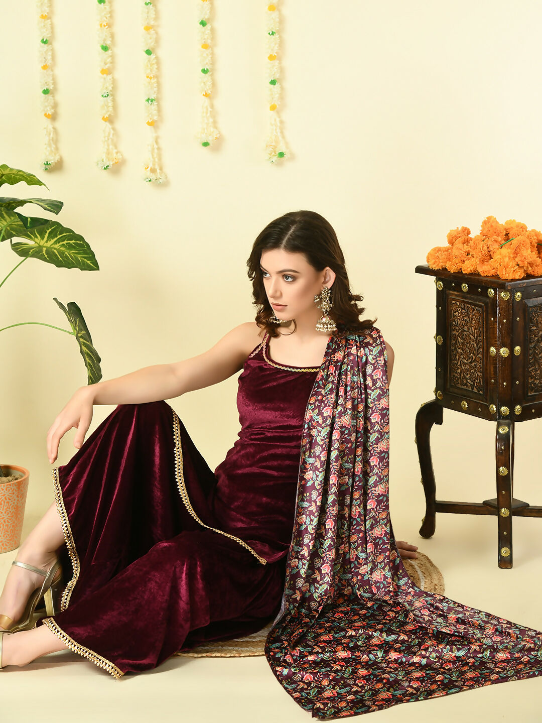 Myshka Women's Magenta Velvet Kurti & Sharara With Dupatta Party Sets | Grocsy