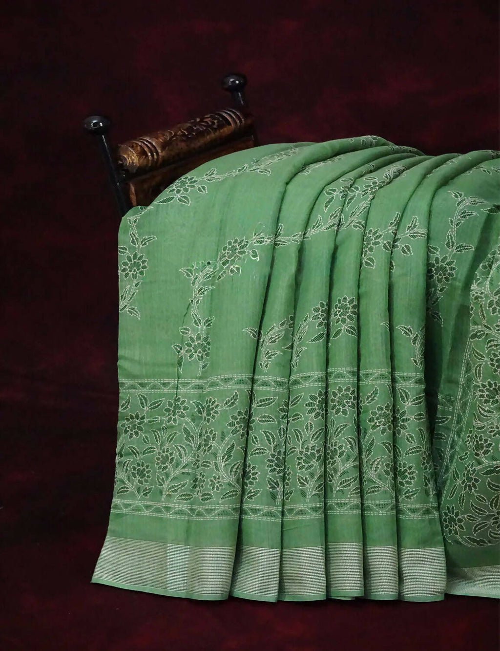 Leaf Green Coloured Block Print Semi Chanderi Saree By Gayathri Reddy Designer Studio | Grocsy