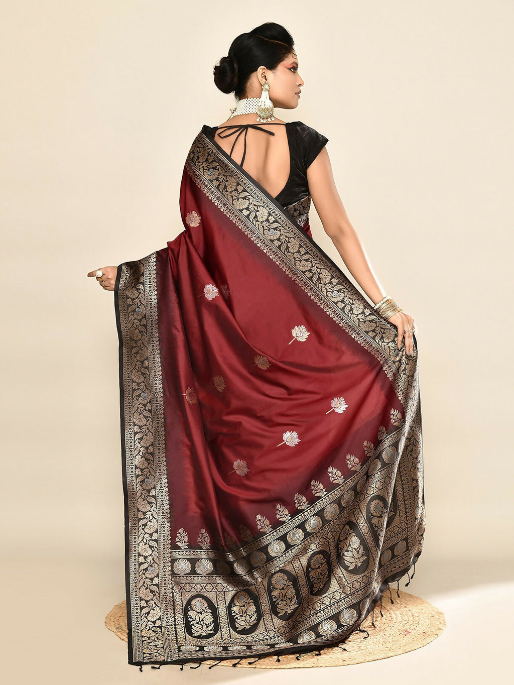 Joban Fashion Maroon & Black Plain With Weaving Border Banarasi Silk Sarees | Grocsy