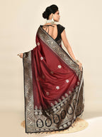 Joban Fashion Maroon & Black Plain With Weaving Border Banarasi Silk Sarees | Grocsy