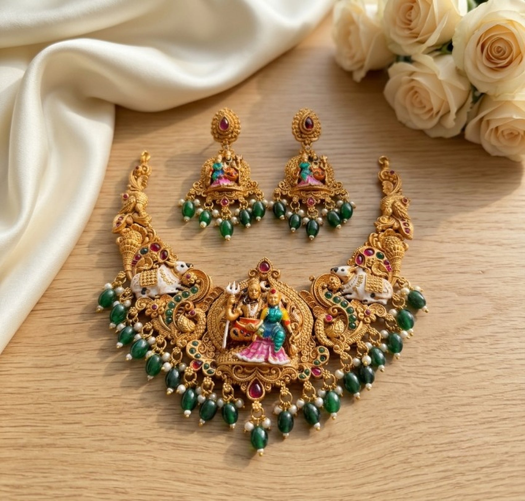 Jewel City Antique Gold South Indian Temple Jewelry Set For Festive Wear | Grocsy