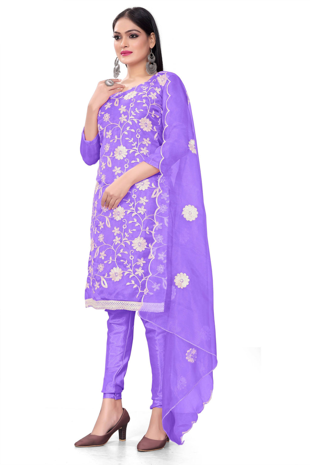 Lavender Organza Silk Embroidered Work Unstitched Dress Material - Tanvi | Grocsy