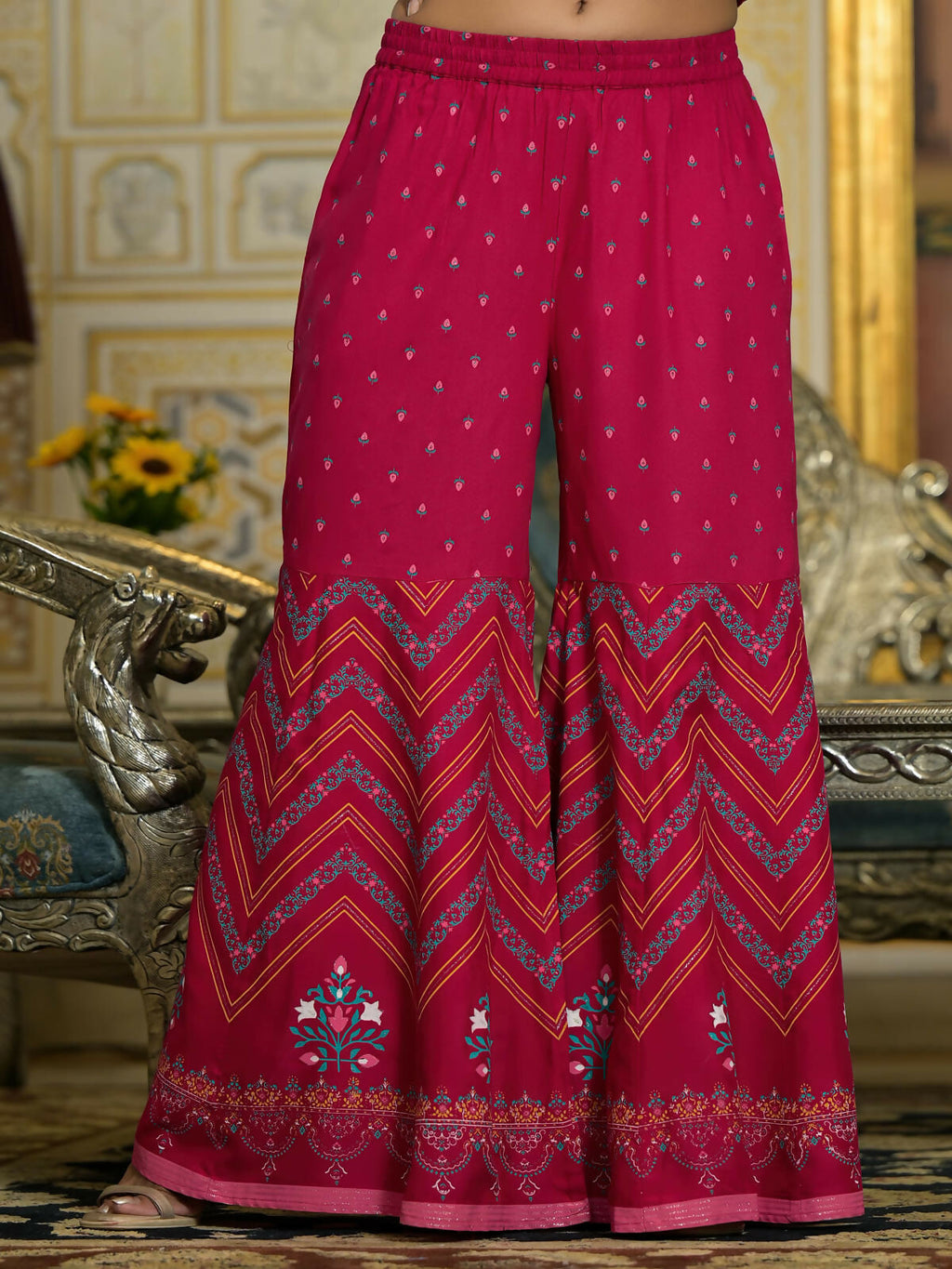 Juniper Women's Fuchsia Ethnic Motif Printed Liva Rayon Tunic Sharara and Dupatta Set With Sequins & Gota Patti Work | Grocsy