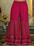 Juniper Women's Fuchsia Ethnic Motif Printed Liva Rayon Tunic Sharara and Dupatta Set With Sequins & Gota Patti Work | Grocsy
