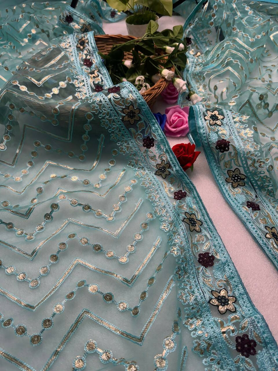 Vastranavya Butterfly Net Designer Chain Stitch Embroidery Work with Foil Thread & Stone Work Saree with Blouse Material - Turquoise | Grocsy