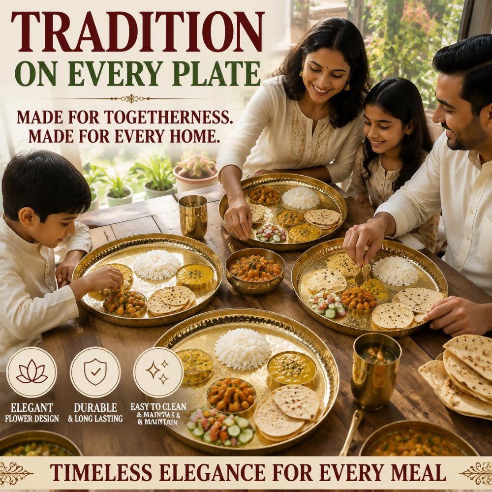 Pure Source India Handmade Flower Embossed Design Brass Puja Thali | Grocsy