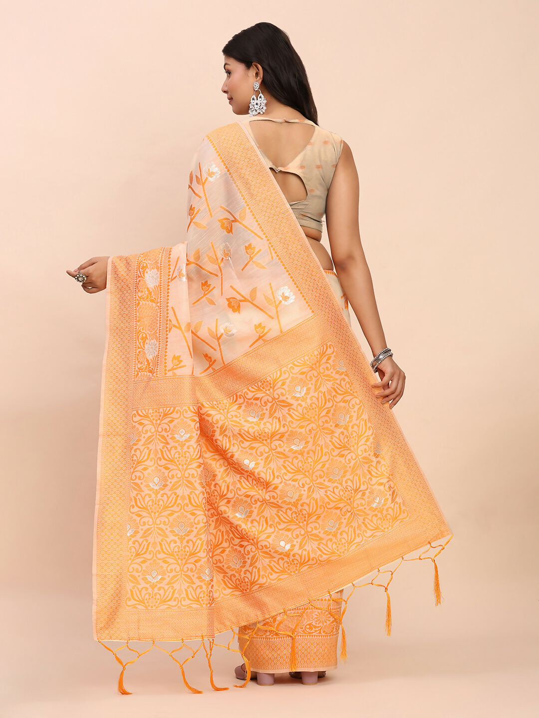 Shree Shyam Fashion Linen Cotton Orange Saree | Grocsy