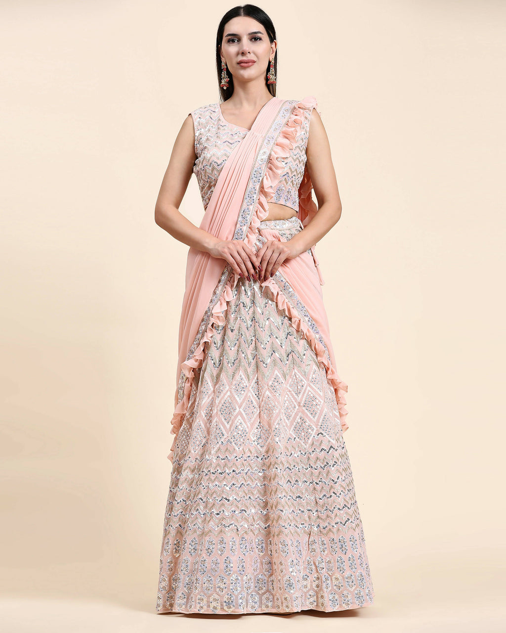 Peach Pure Viscose Georgette Thread With Sequins Embroidery Work Lehenga Choli With Dupatta - Tanya | Grocsy