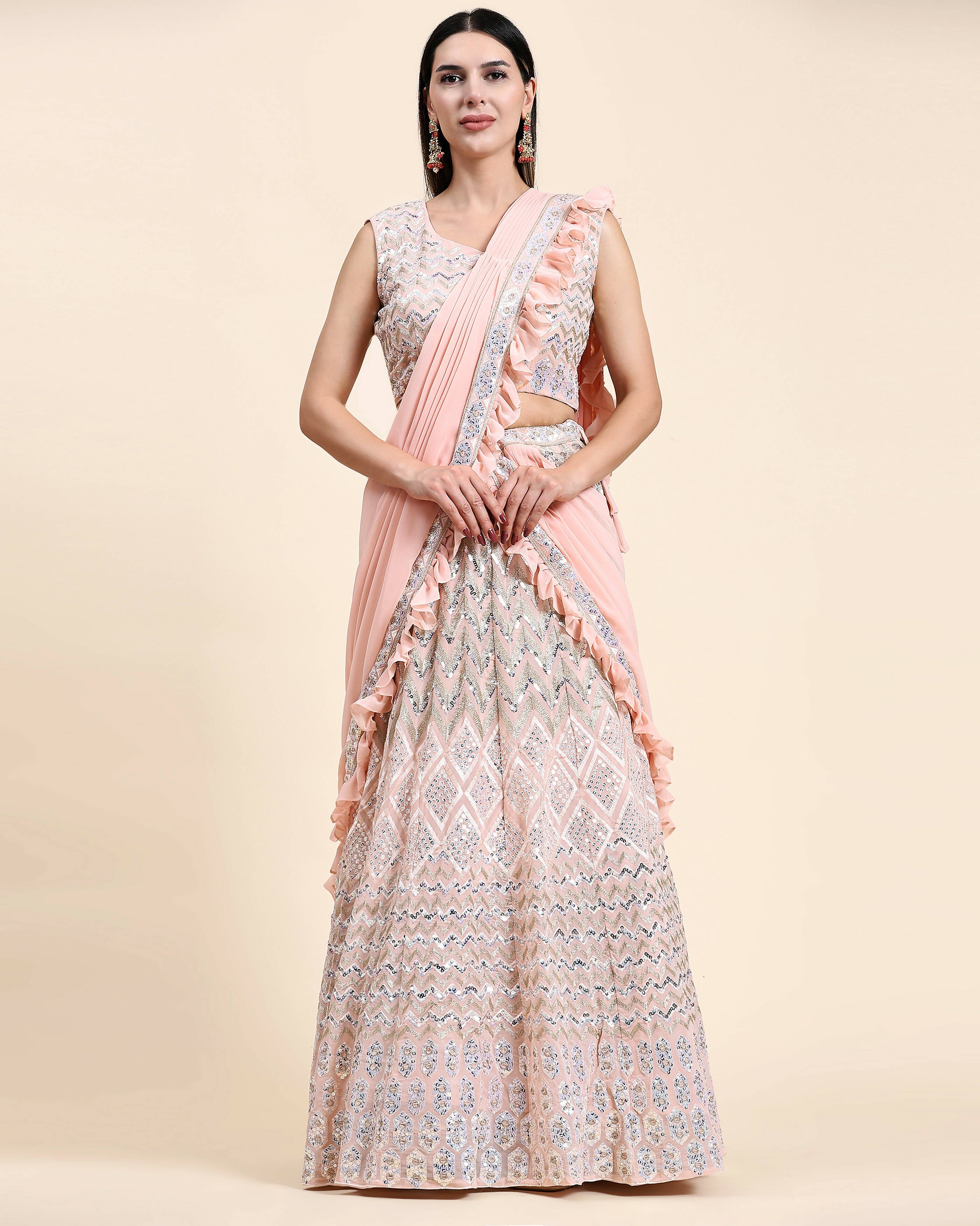 Peach Pure Viscose Georgette Thread With Sequins Embroidery Work Lehenga Choli With Dupatta - Tanya | Grocsy
