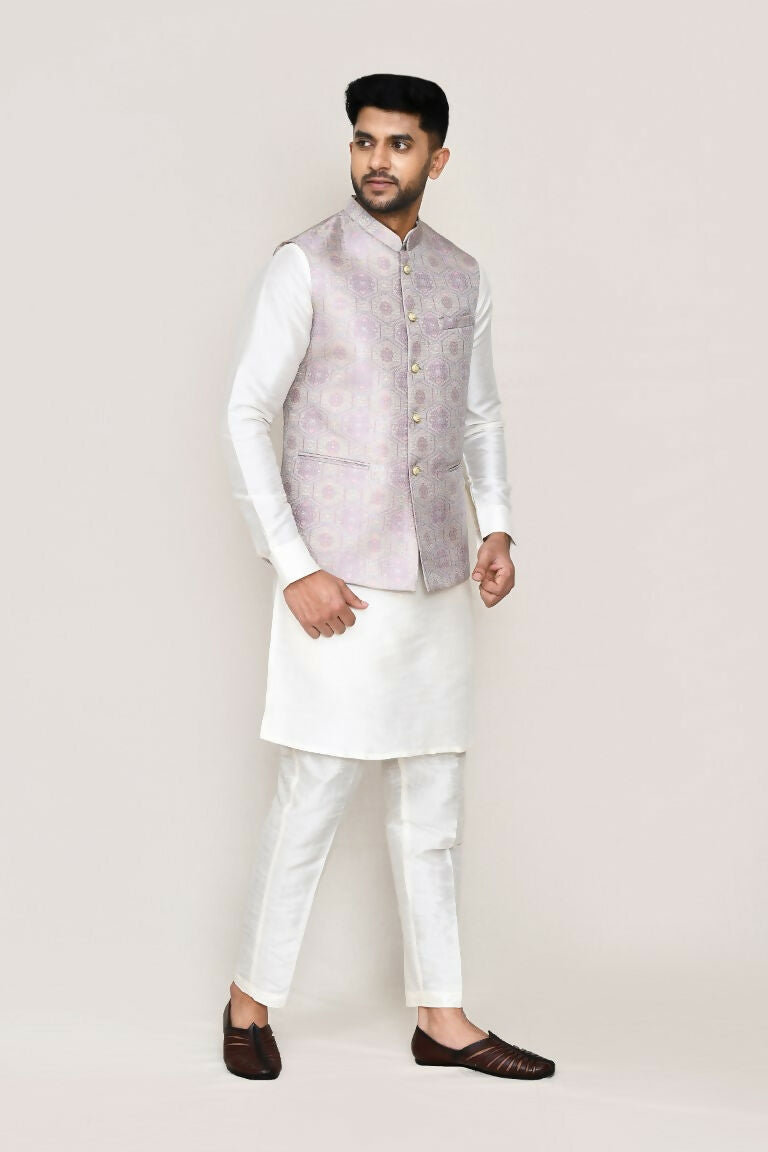 Joban Fashion White Colored Art Silk Fabric Kurta, Jacket With Straight Fit Pant | Grocsy