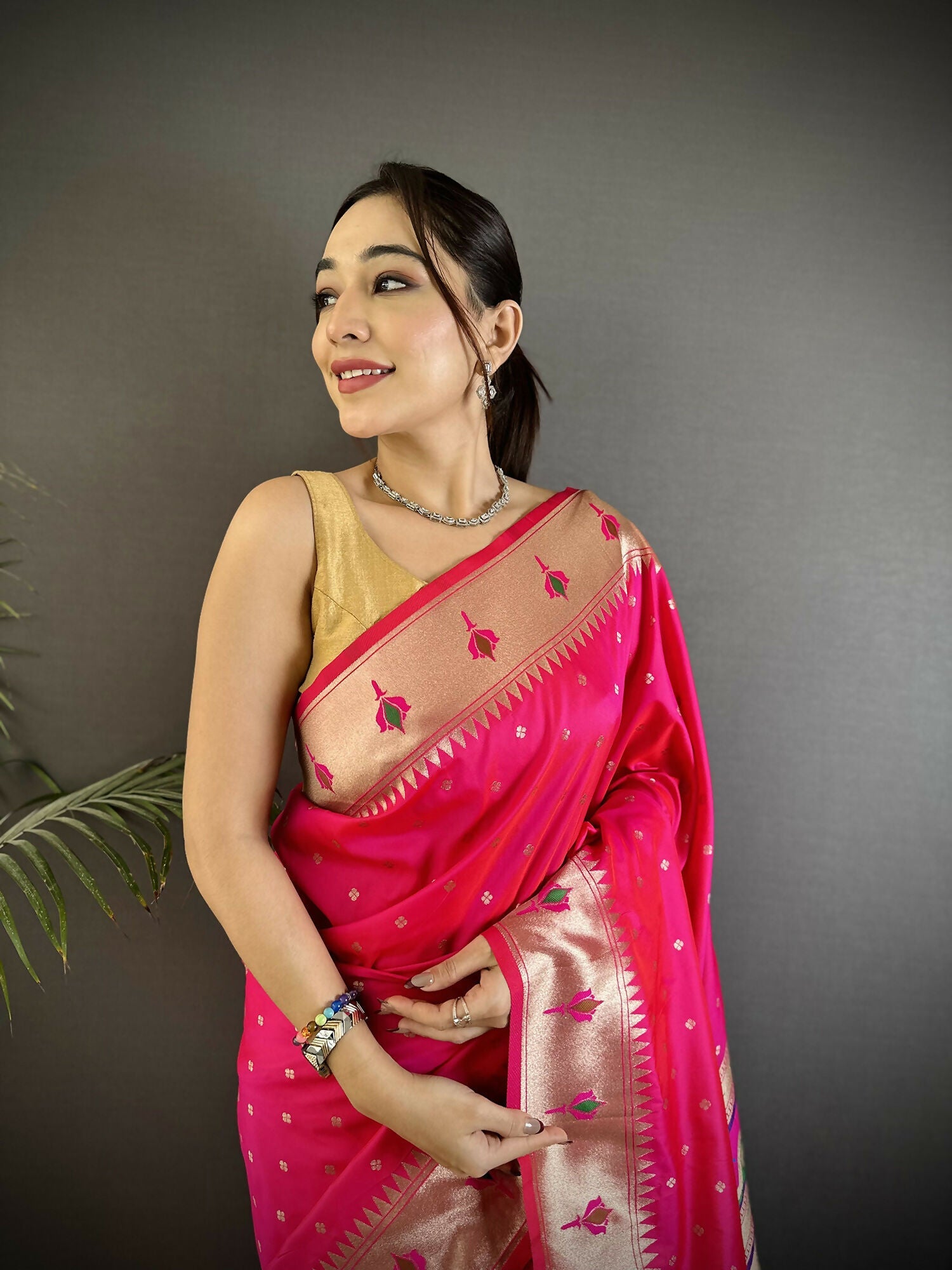 Joban Fashion Rani Pink Peacock & Floral Motifs Soft Lichi Silk Kanchipuram Saree | Grocsy