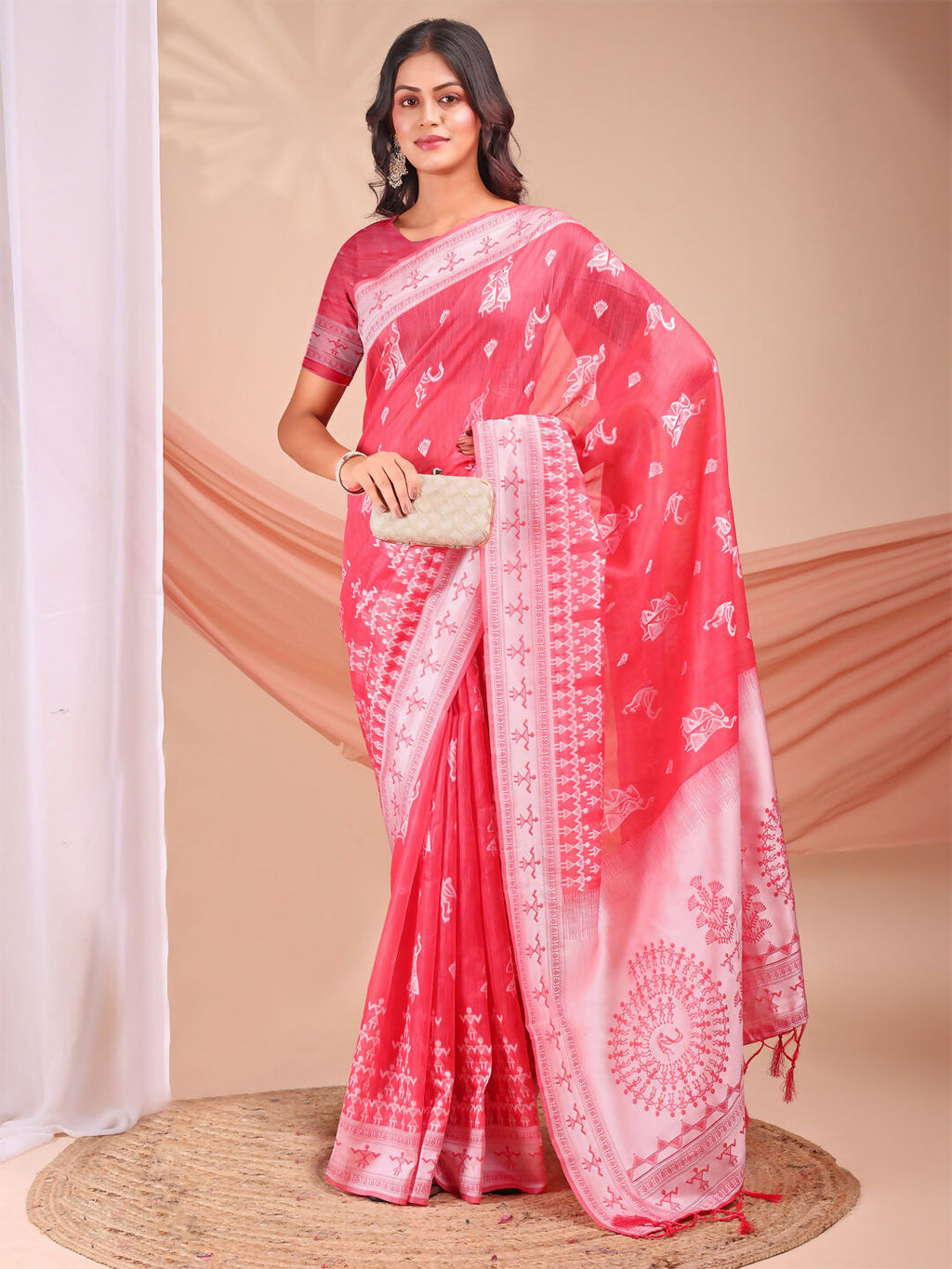 Shree Shyam Fashion Varnika Pink Linen Cotton Saree | Grocsy