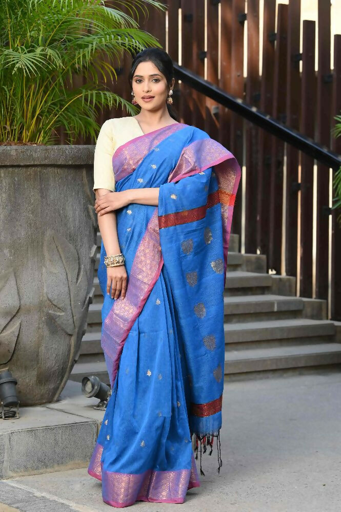 Beatitude Blue Cotton Banarasi Saree | Grocsy