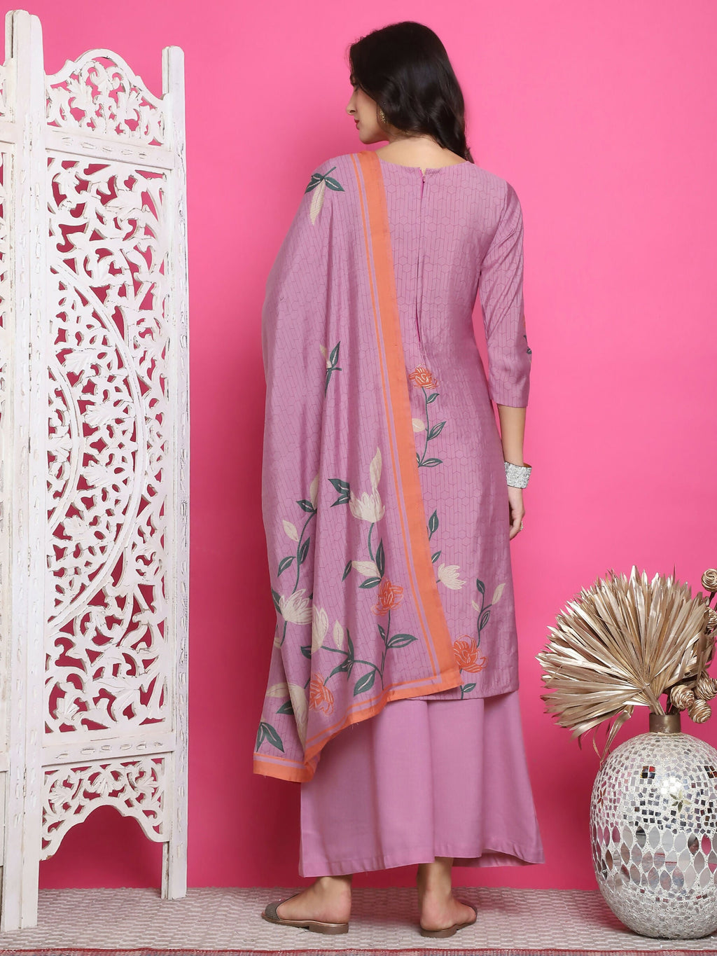 Jyoti Fashion Women's Purple Muslin Floral Print with Jari & Crystal work Kurta with Trouser & Dupatta | Grocsy