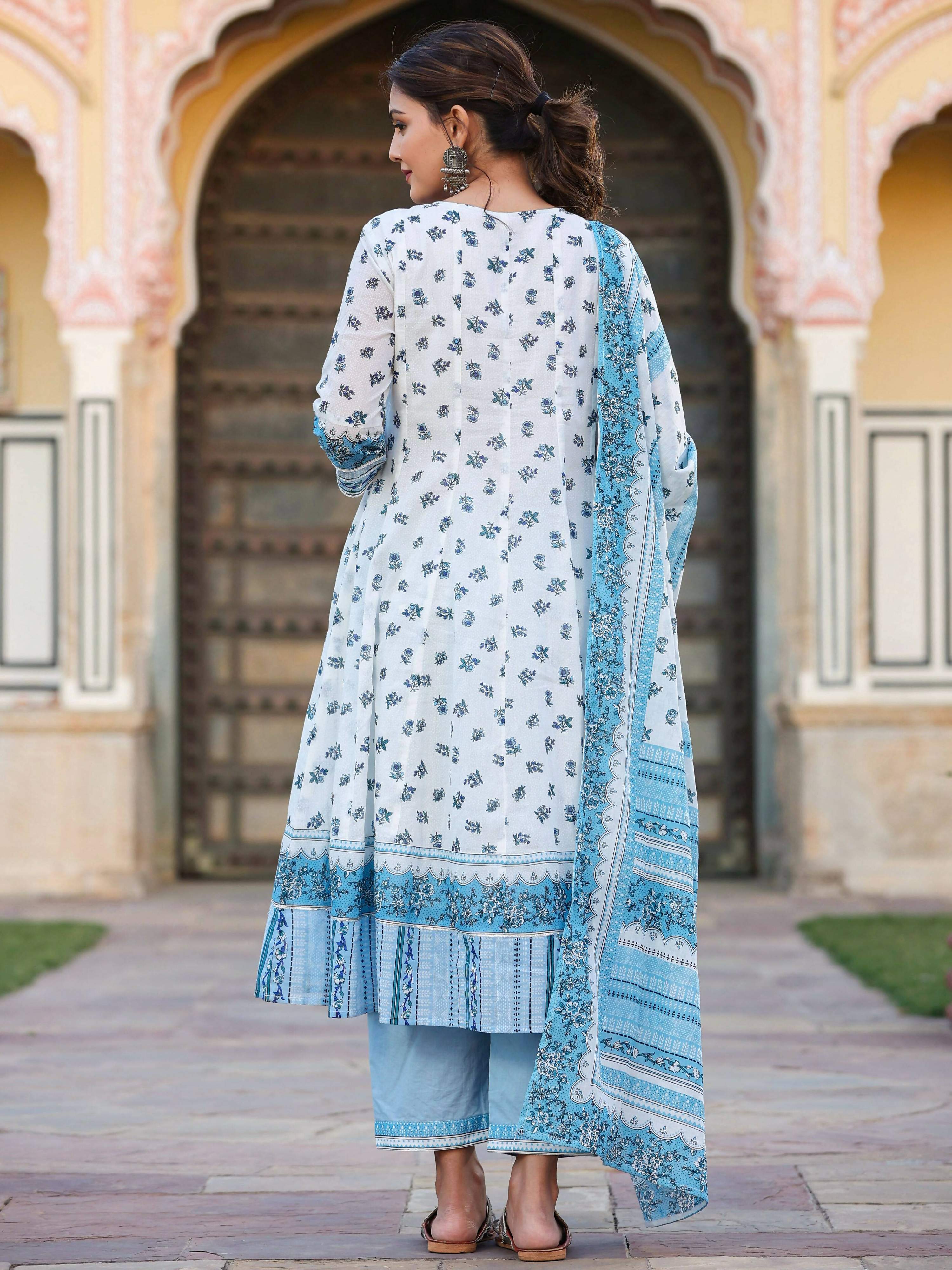 Juniper Women's White Cotton Voile Floral Printed Kurta With Cambric Straight Pant And Voile Duptta | Grocsy