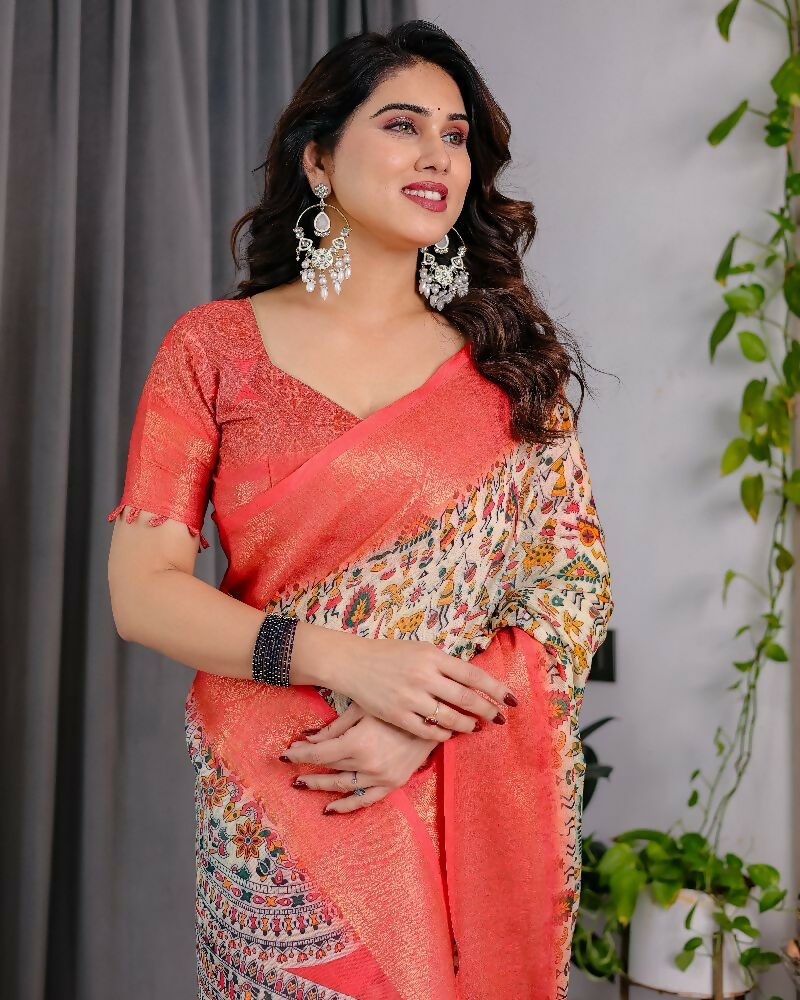 PR Fashion Cream Pure Handloom Linen Saree | Grocsy