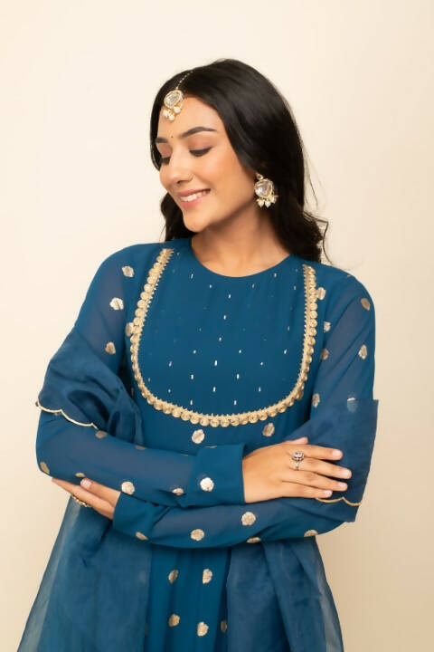 FIORRA Women's Teal Blue Georgette Anarkali Kurta With Dupatta | Grocsy