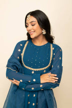 FIORRA Women's Teal Blue Georgette Anarkali Kurta With Dupatta | Grocsy