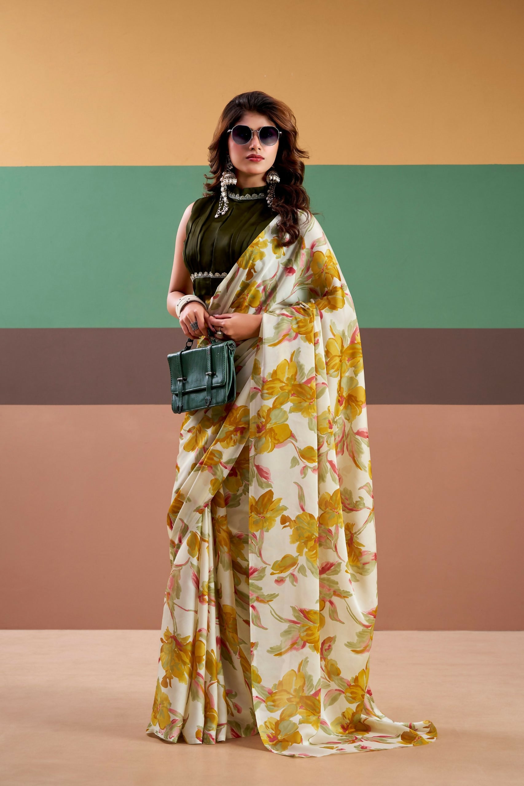 Vastranavya Yellow Satin Silk Floral Printed Saree with Stitched Blouse | Grocsy