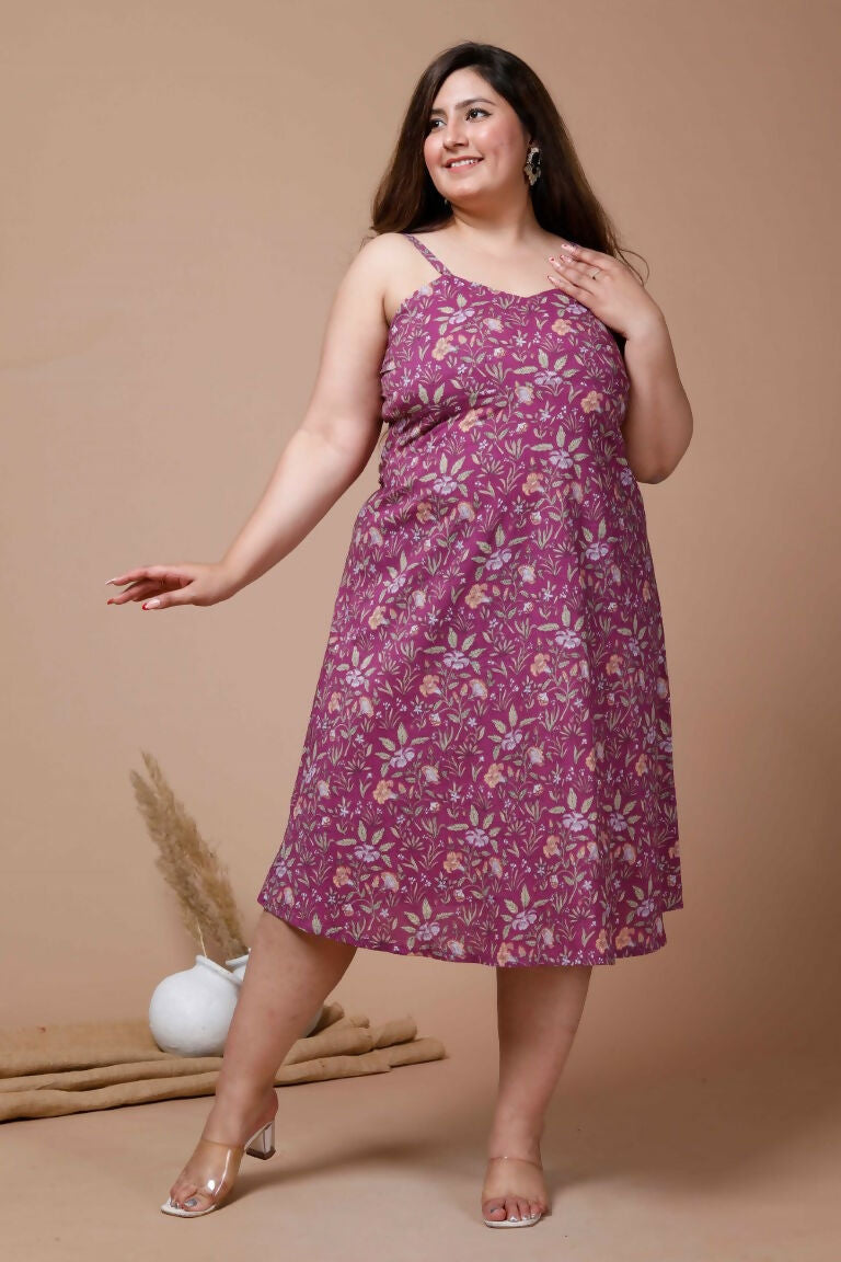 Miravan Women's Plus Size Purple Floral Printed Shoulder Strap Midi Dress | Grocsy