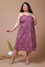 Miravan Women's Plus Size Purple Floral Printed Shoulder Strap Midi Dress | Grocsy