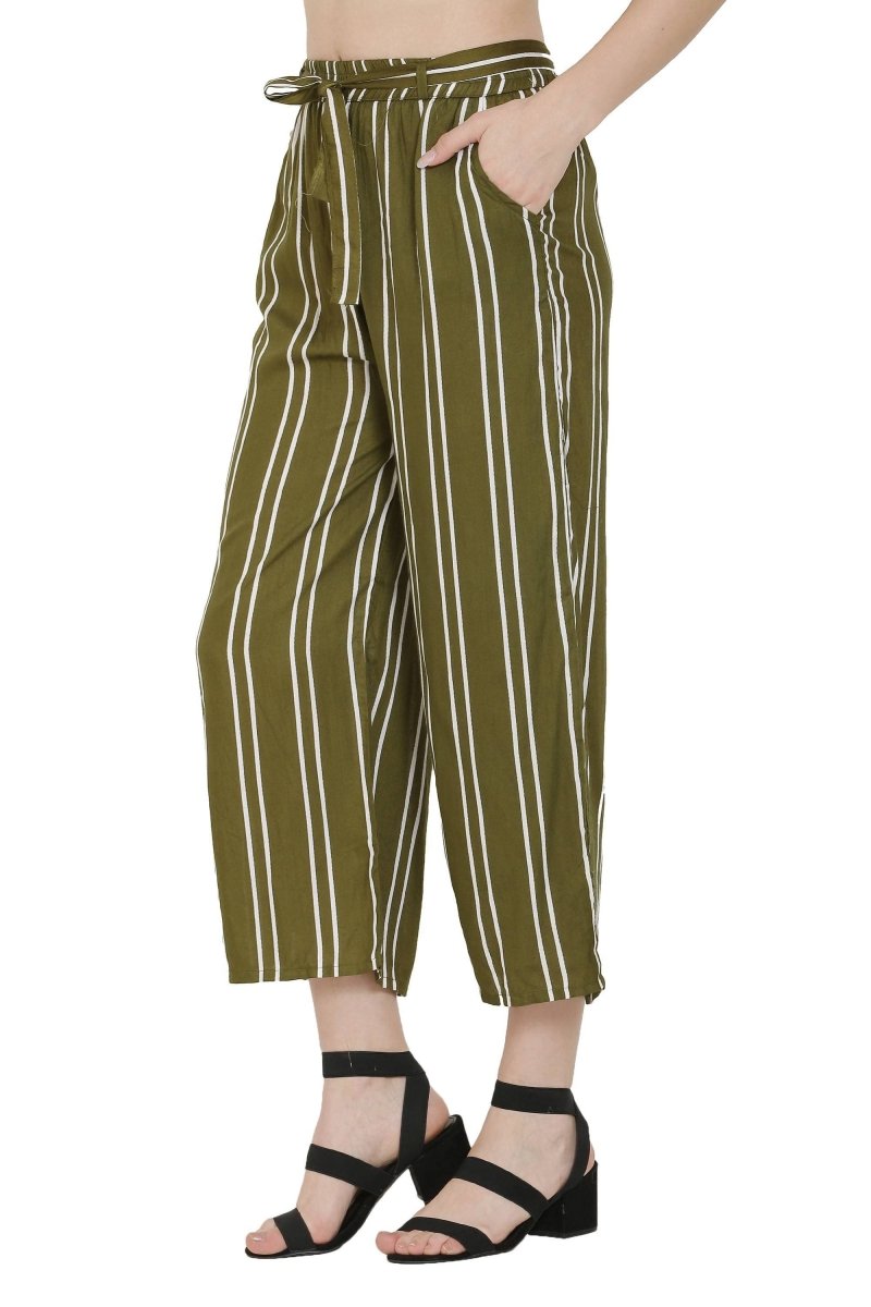 Asmaani Olive Green Color Rayon Fabric Stripped Palazzo | Grocsy