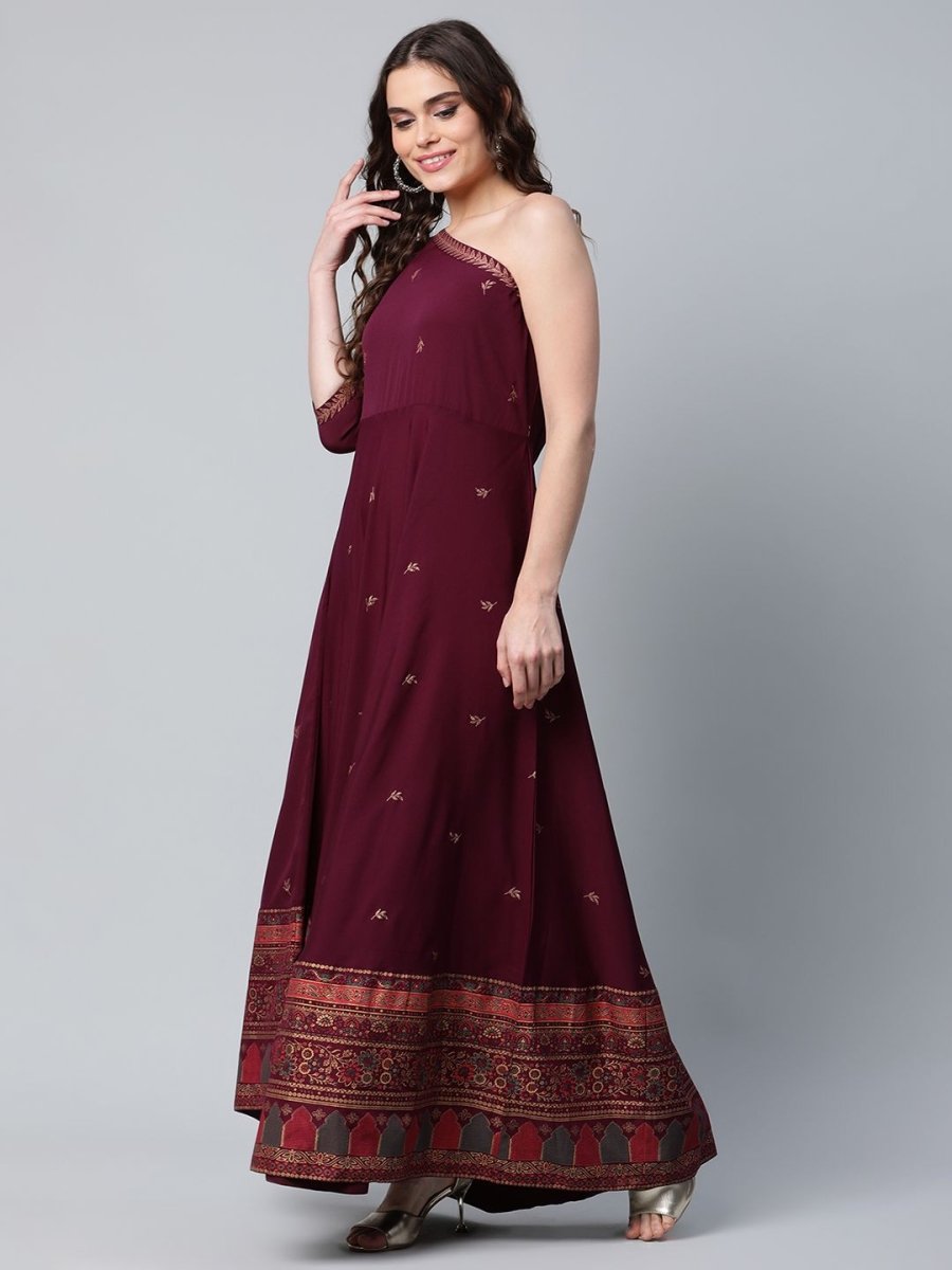 Ahalyaa Women Burgundy & Gold-Toned Ethnic Motifs One Shoulder Ethnic Maxi Dress | Grocsy
