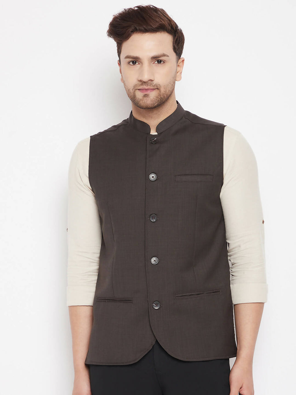 Even Apparels Brown Merino Men Woven Nehru Jacket | Grocsy