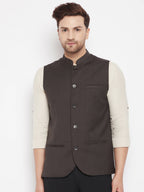 Even Apparels Brown Merino Men Woven Nehru Jacket | Grocsy