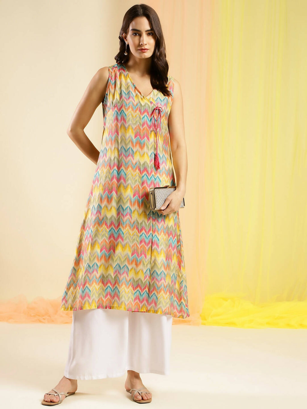 Women Multicolor Angrakha Poly Chanderi Printed Kurta - Shurma | Grocsy