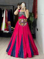 Yash Enterprise Gajari Navy Blue Rayon Cotton Embroidery Semi Stitched Navratri Top Chaniya Choli | Grocsy
