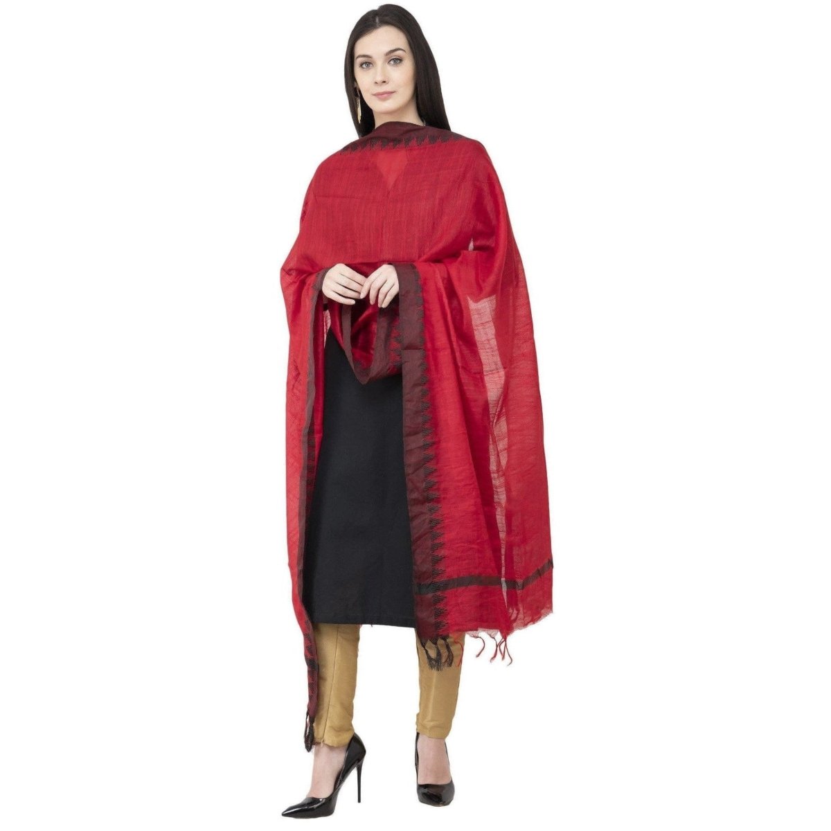 A R Silk Black Temple border Regular Dupatta Dark Red Color Dupatta or Chunni | Grocsy
