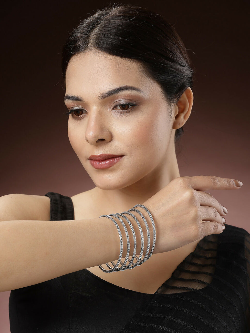 NVR Women's Set of 6 Silver-Toned German Silver Oxidised Bangles | Grocsy