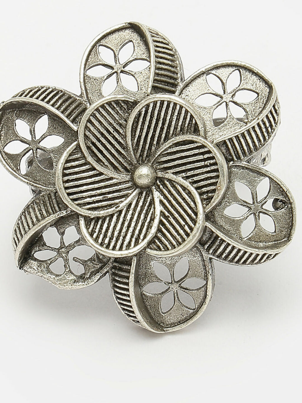 NVR Women's Silver-Toned Floral Shape Adjustable Finger Ring | Grocsy