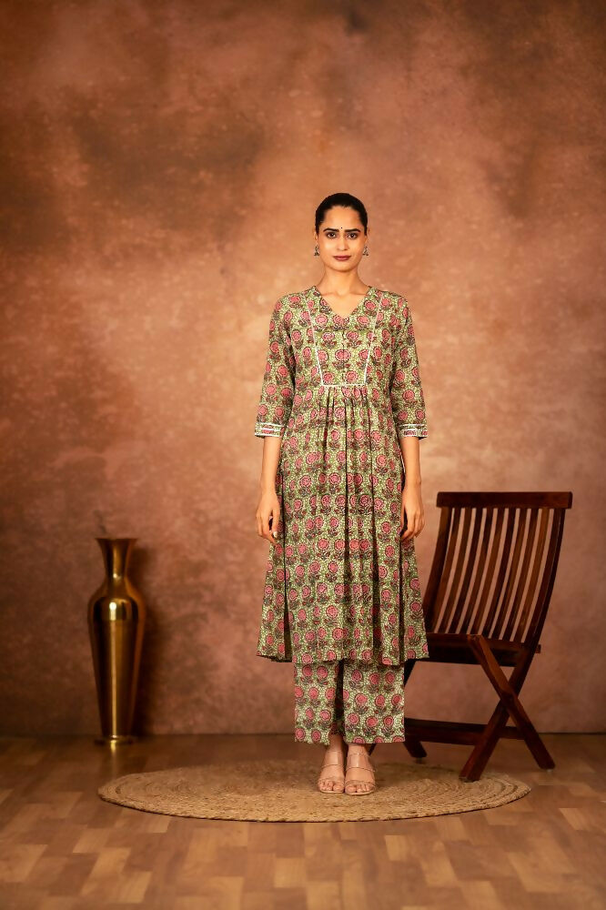 Joban Fashion Green Hand Block Printed Cotton Suit Set | Grocsy