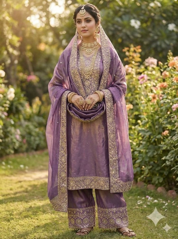 Teeya Creation Onion Color Fendy Silk Embroidery Work Wedding Wear Salwar Suit | Grocsy