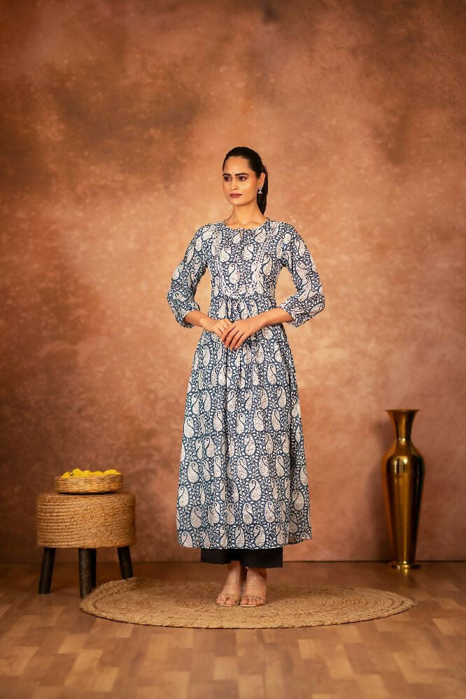 Joban Fashion Blue Floral Hand Block Printed Cotton Kurta Pant Set | Grocsy