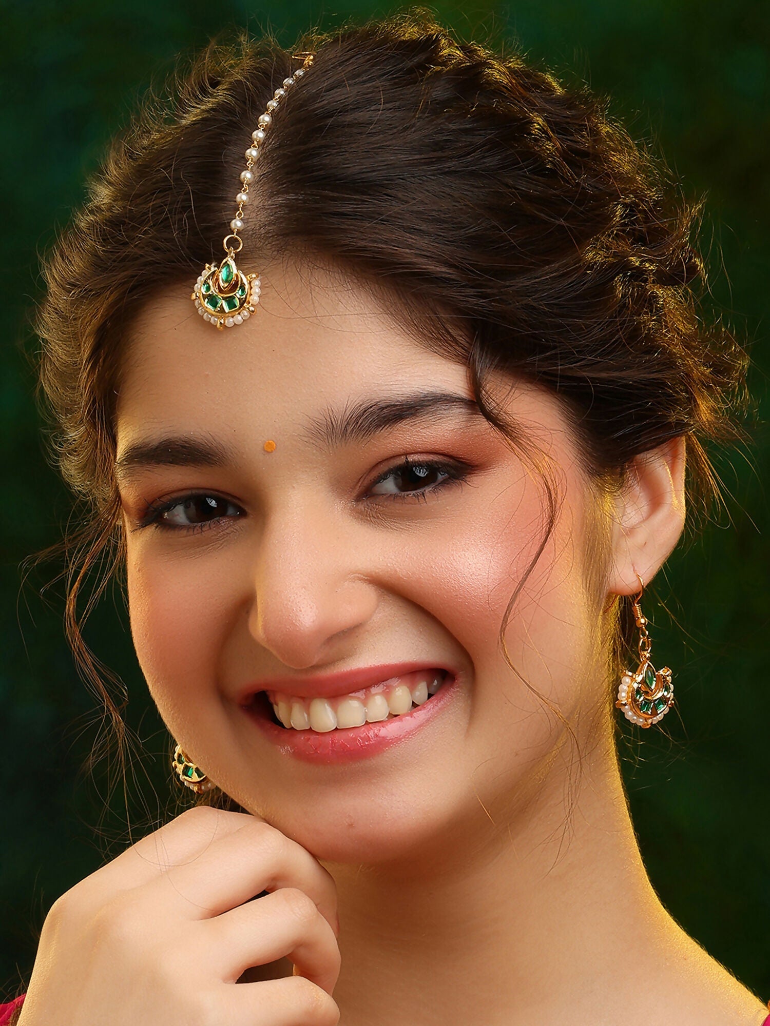 Ruby Raang Gold Green Kundan Earrings And Maang Tikka | Grocsy