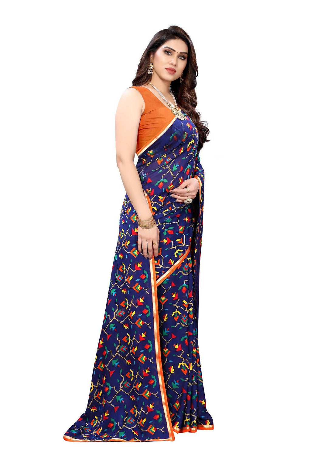 Vamika Ethnic Fire Blue Printed With Lace Saree | Grocsy