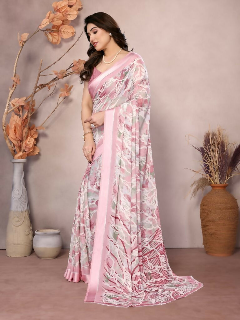 Designer Partywear Peach Bright Moss Satin Patta Fancy Saree - Kanak | Grocsy